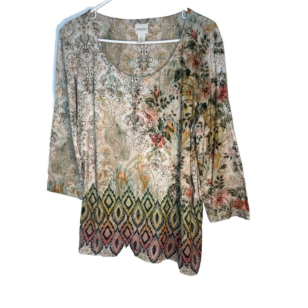 Chicos Collage Print Mixed Media Art 3/4 sleeve Blouse sz 3 / 16 XL (13)